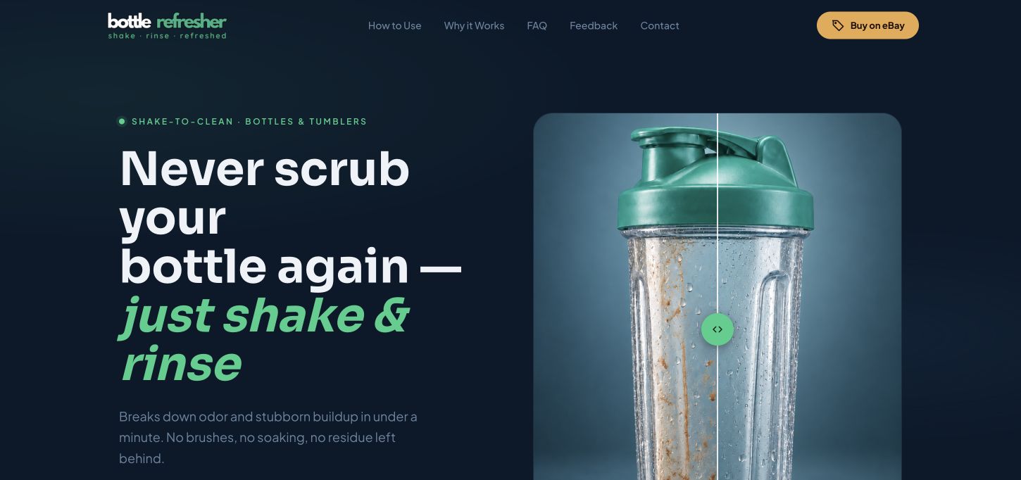 Screenshot of the Bottle Refreshr homepage with its bottle cleaning product