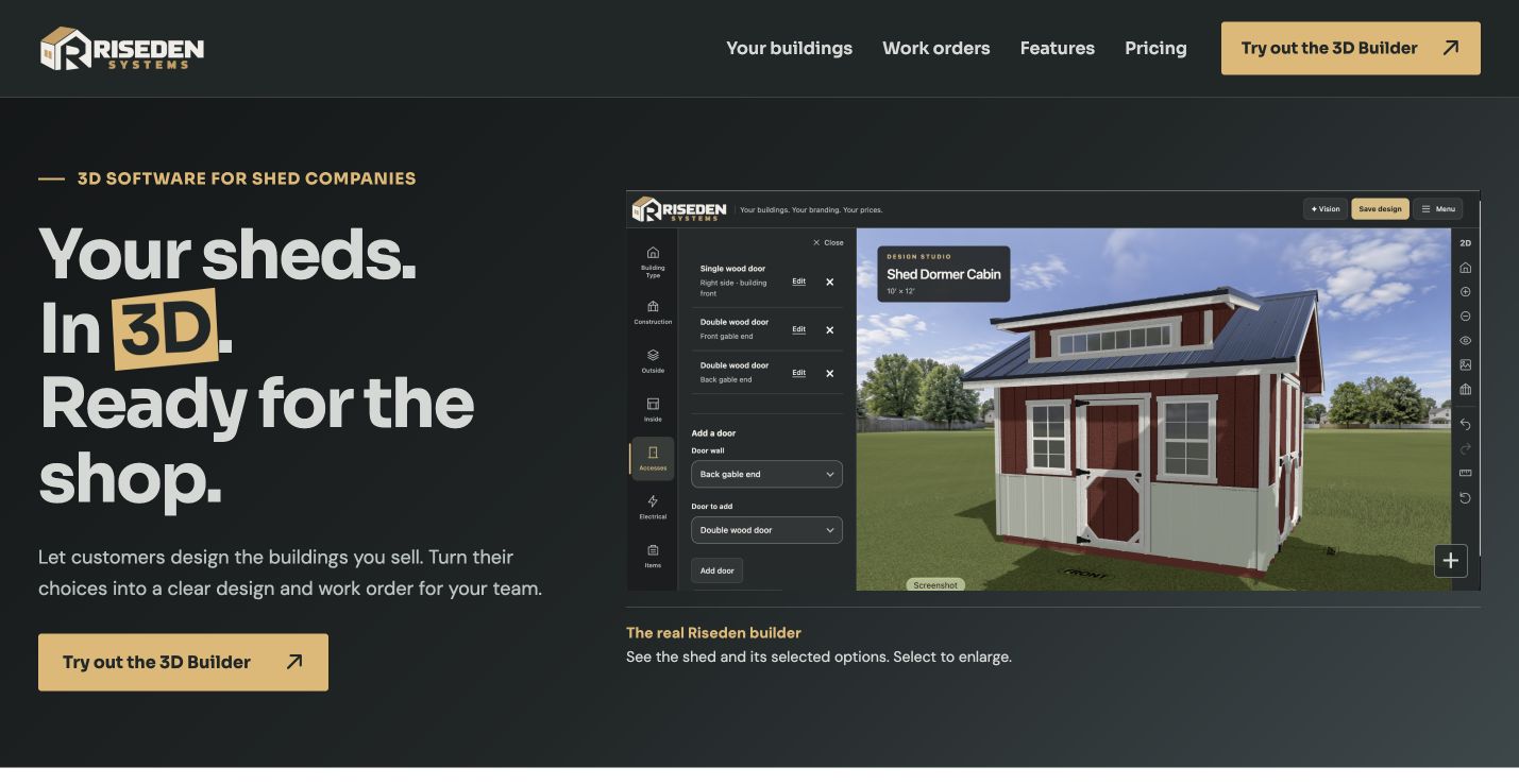 Screenshot of the Riseden Systems homepage showing its 3D shed builder